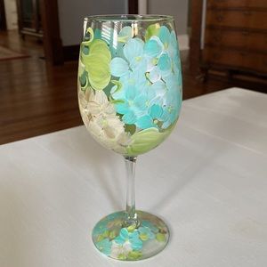 Handpainted Blue Floral Wine Glass